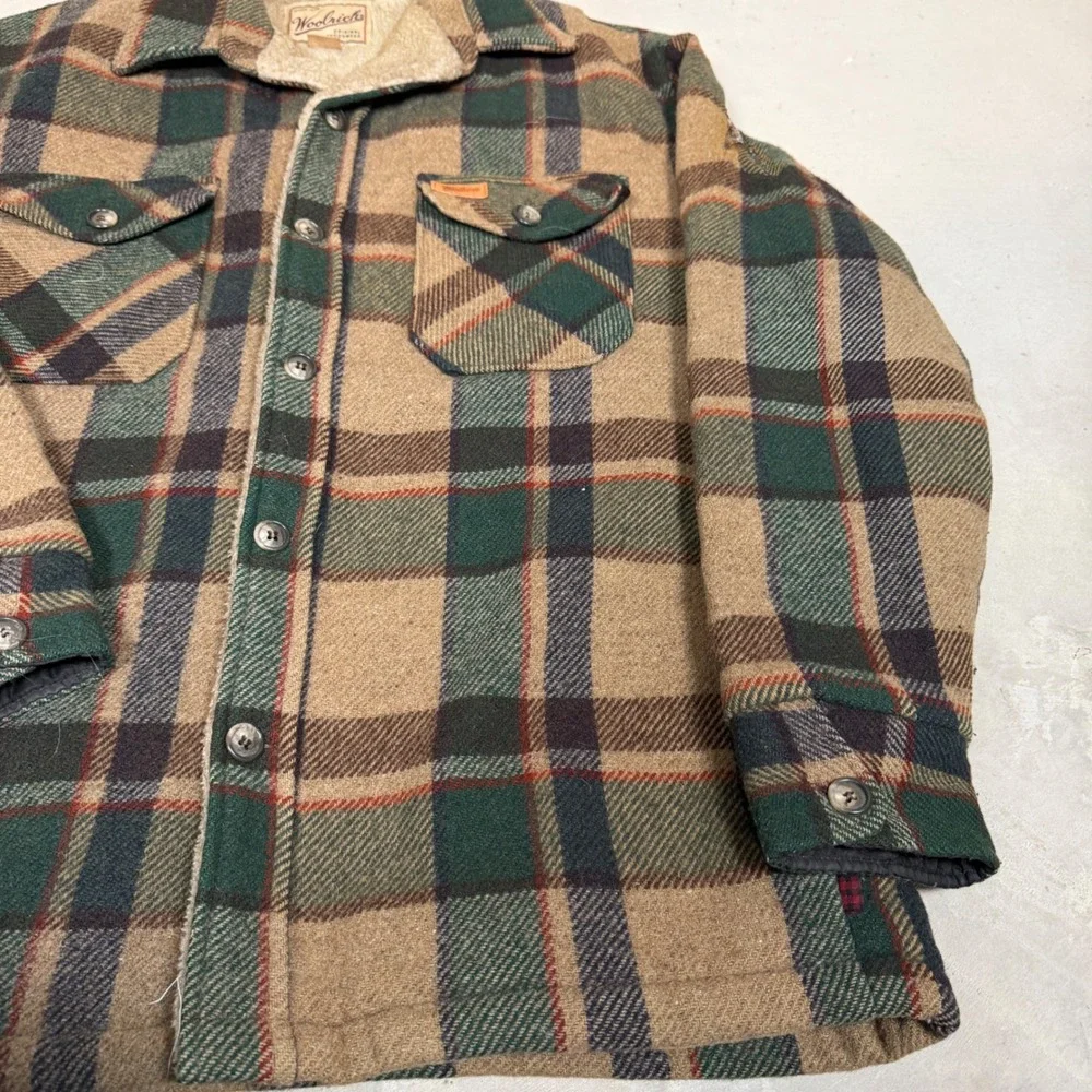 Woolrich Mens Vintage Plaid Sherpa Lined Flannel Shirt Jacket Brown Green Medium